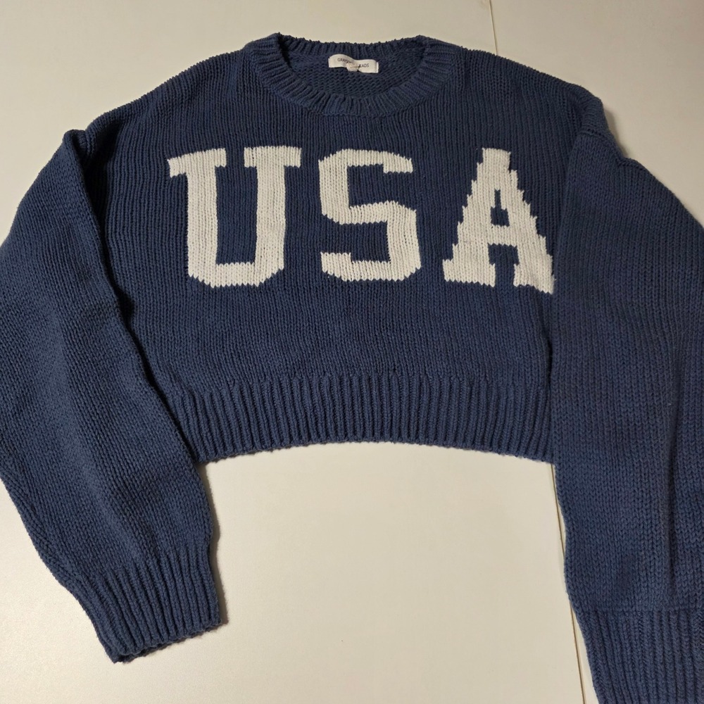 Grayson Threads‎ Navy Blue USA Cropped Knit Sweater Women's Size L